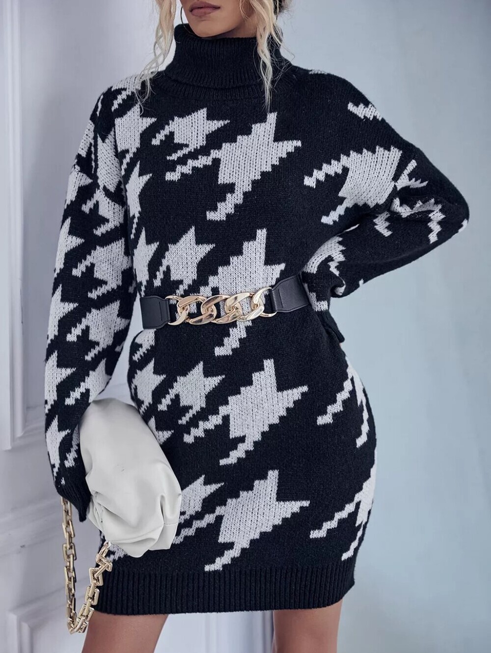 Houndstooth Pattern Turtleneck Sweater Dress